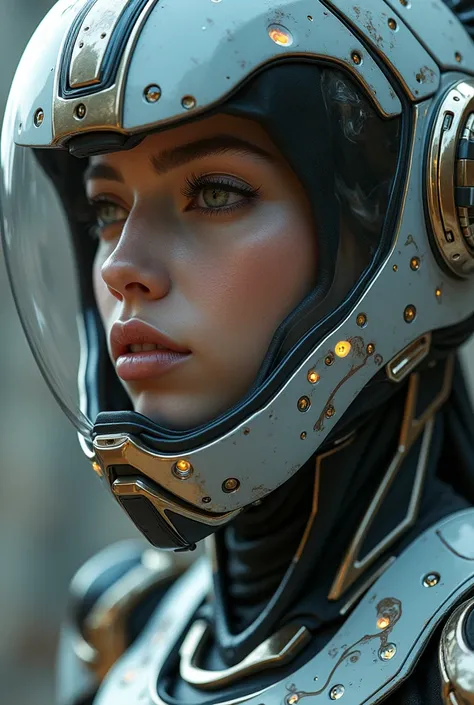 a close up of a woman in a futuristic suit with a helmet on, cyberpunk art inspired by Marek Okon, cgsociety contest winner, digital art, girl in mecha cyber armor, pregnant female cyborg, diverse cybersuits, cybersuit, wearing futuristic armor, wojtek fus...