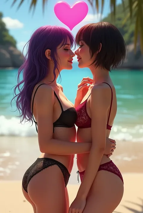 french woman, at thirty years old, with purple hair, and green eyes, wearing sexy transparent lingerie in white and black colors, with a mischievous look , On a nudist beach, passionately kissing a short-haired Japanese girl, a pink heart, wearing red tran...