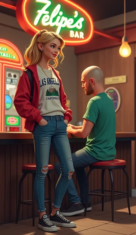 Tall blonde girl with a Los Angeles California sweatshirt and black tennis shoes paired with a round-headed white man with a Columbia shirt in the background, a bar with Pain Balla machines that says Felipe&#39;s bar