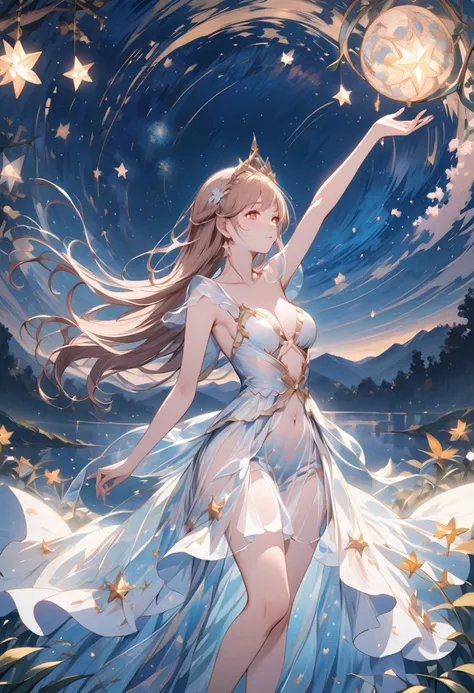 masterpiece, wishing stars, girl wearing an ethereal translucent dress made of stars, magical, fantasy, whimsical, complex drawing, highly detailed, ethereal, starry night, midjourney style