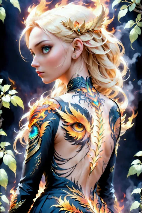 watercolor art, fantasy art, goth art, a picture of a tattoo on the back of a female elf, a glowing tattoo of a ((phoenix: 1.3)) on the elfs back, the ((phoenix tattoo)) is vivid, intricate detailed coming to life from the ink to real life, ((fire surround...