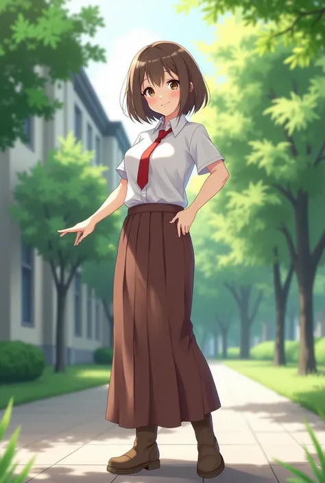 1 girl with very small breasts ,16 years , Short brown hair, brown eyeswhite uniform shirt, Red tie, brown maxi skirt, boots, free pose, looking at the camera, nice smile, against the backdrop of the academy building, around the park