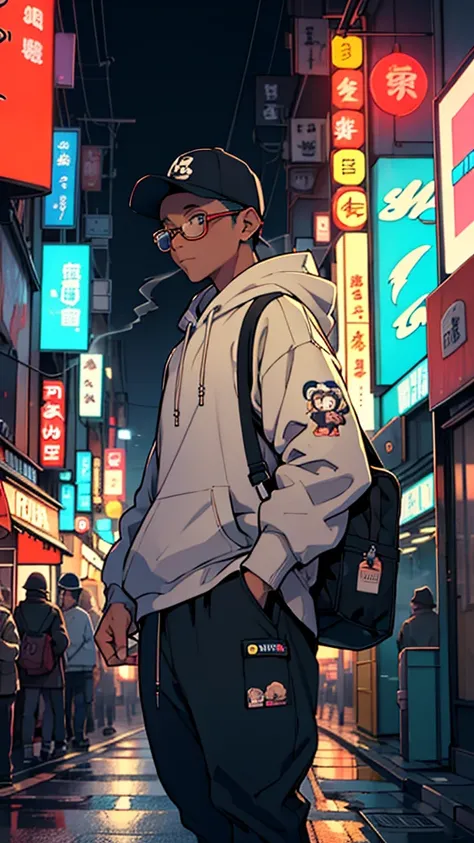 A boy with a cap that says (PJ9), with a hooded sweatshirt with a drawing of a monkey with a cap and glasses, The boy must also wear dark glasses, a pet a monkey also with a cap and glasses , Walking through the streets of Tokyo with neon lights in the bac...