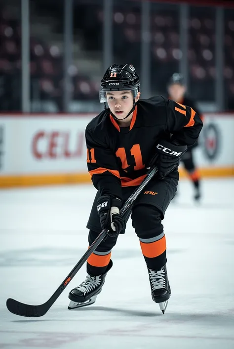 A single boy playing ice hockey wearing a black gersy no.11 named iffu background is stadium wearing black helmet holding a single ccm stick 