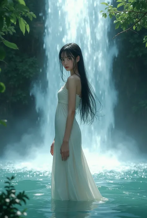 Japanese girl, . She is wearing a white one-piece dress. She is standing in a waterfall basin and is receiving the falling water current of the waterfall on her body. She is looking at us with an expression of endurance. The camera is positioned as if look...