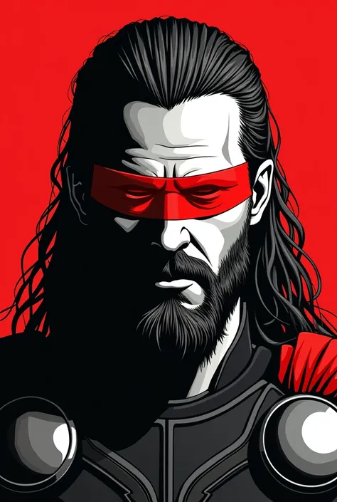 A stylized Art vectoriel portrait of Thor with a black and white face, partiellement obscurci par une bande rouge audacieuse sur ses yeux et sa bouche. Larrière-plan est rouge uni. La figure semble solennelle, Art vectoriel