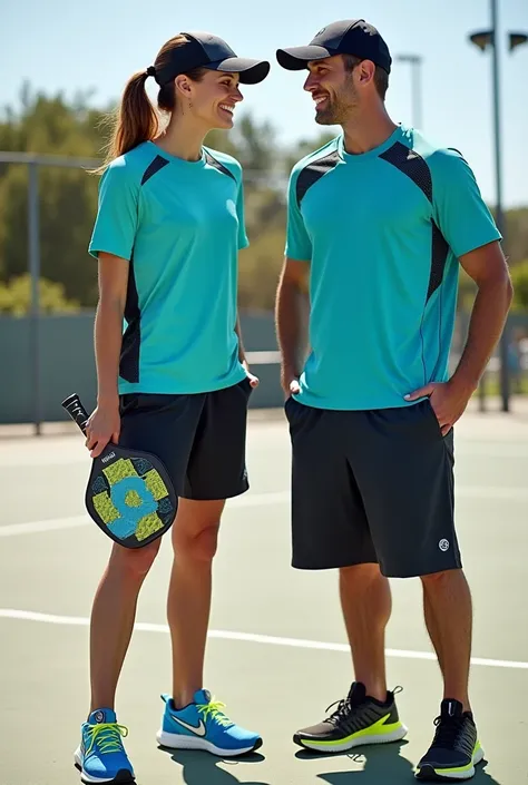 Design a collection of sportswear specifically tailored for pickleball players. Include a comfortable and breathable T-shirt featuring a stylish, active design with pickleball-related graphics. Design a pair of athletic shorts or pants with moisture-wickin...