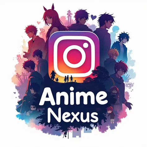 

"Create an Instagram logo for an account named Anime Nexus. The design should feature the official Instagram logo centered at the top, with the text Anime Nexus positioned just below it in a bold, modern font. The background should include a dynamic coll...