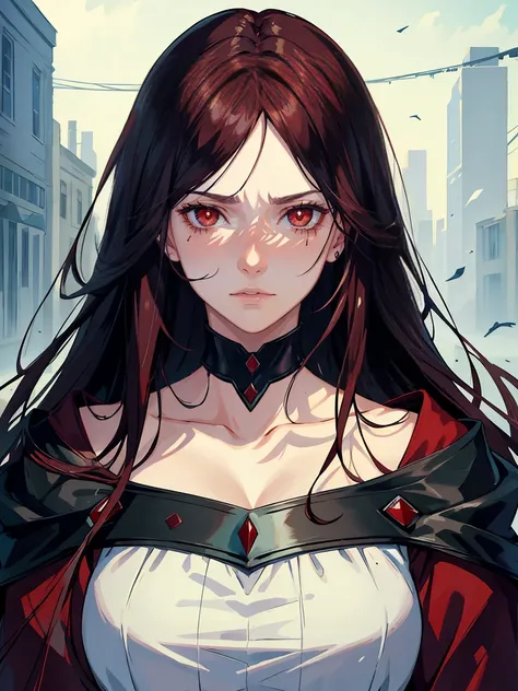 handsome girl，red-eyes，red pupils，Long dark hair，Hyperresolution，accuracy，Detailed rendering，（Subtle facial image）（Image of fine hair）（topquality）（Masterpieces of masters）（High degree of completeness）（A sense of atmosphere）tmasterpiece，Super detailed and s...