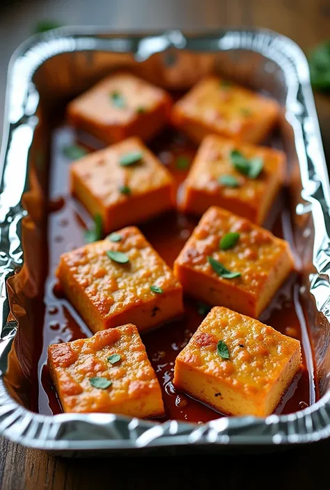 Paneer tikka 8 pieces in a aluminium foil container some what big thin slices square type oily and un cooked