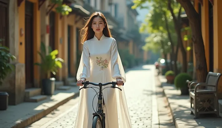 Make a photo of a Vietnamese female model wearing a white Ao Dai. Riding a bike on an old street. 20mm lens. bright. realistic. Focus your eyes well. Full shot. 