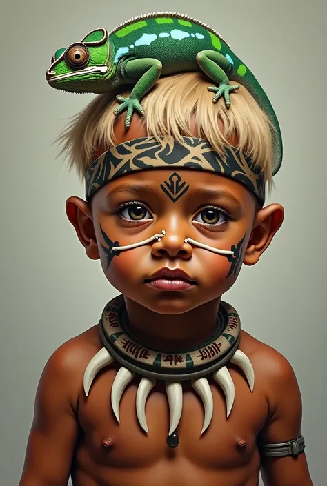 Portrait painting of a native brown baby man with a bone in his nose.Cheveux court avec des locks blond portant un bandeau de peinture sur les yeux  .Tribal face tattoo. Avec un collier de dent de requin autour du coup. square face. With a chameleon on his...