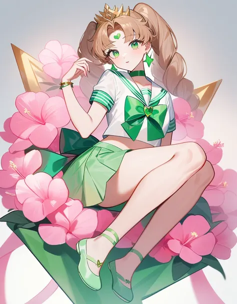 volumetric lighting, ultra quality, chic, highy detailed, work of art, best qualityer, high resolution, theme: Sailor Moon. name of this character: Sailor Flora, skin tanned, greeneyes, long brown hair that extends to her feet tied into a pink hibiscus flo...