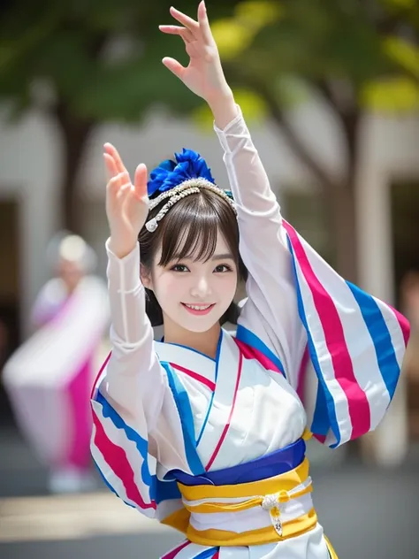 photo-realistic quality、a 20-year-old japanese woman dancing the awa odori dance、traditional bon odori costumes based on white, ...