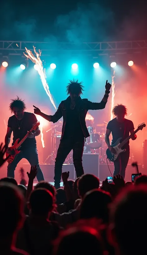 a punk rock band, on stage, performing, bokeh, night time, stage lights are on, people rocking out below the bands stage,