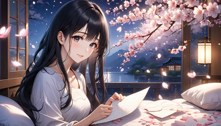 アニメ, A beautiful young Japanese woman with long black hair, dreamily gazing at a love letter, soft moonlight illuminating her face, cherry blossoms floating in the background, cozy bedroom setting, romantic and tranquil atmosphere, photorealistic, highly d...