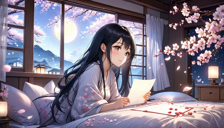 アニメ, A beautiful young Japanese woman with long black hair, dreamily gazing at a love letter, soft moonlight illuminating her face, cherry blossoms floating in the background, cozy bedroom setting, romantic and tranquil atmosphere, photorealistic, highly d...