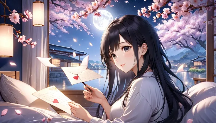 アニメ, A beautiful young Japanese woman with long black hair, dreamily gazing at a love letter, soft moonlight illuminating her face, cherry blossoms floating in the background, cozy bedroom setting, romantic and tranquil atmosphere, photorealistic, highly d...