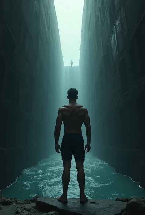 Generate the image of a young white man,Strong shirtless, he is trapped in a well-shaped prison, Deep,long,hits and darkens,
 He is standing looking up from the shore, where you see the exit there is also the silhouette of a man looking back, 