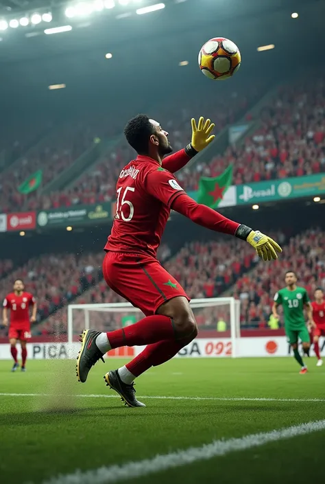 A dynamic, photorealistic image of Moroccan goalkeeper Yassine Bounou (Bono) making an acrobatic diving save during a crucial moment in an international match. Hes wearing the vibrant red Moroccan national team kit with his name and number visible. The sta...