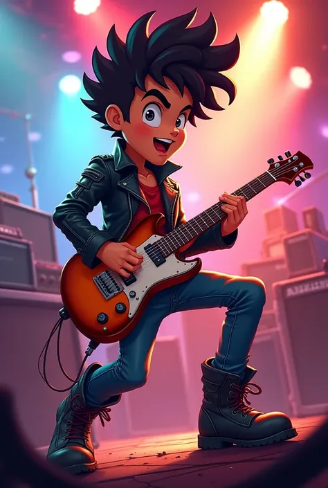 A kid cartoon character, rockstar,rock music,guitar electric 