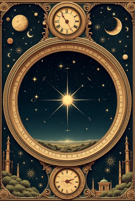 Create a star map illustration that represents the night sky on September 15, 2004. The design should be in a vintage, ornate style with intricate borders and celestial details, similar to a classical astronomical chart. Include a central bright star surro...