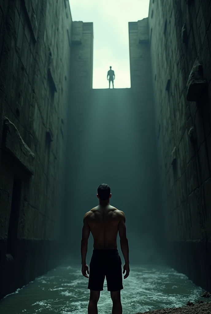 Generate the image of a young white man,Strong shirtless, he is trapped in a well-shaped prison, Deep,long,hits and darkens,
 He is standing looking up from the shore, where you see a small exit there is also the silhouette of a man looking back, 