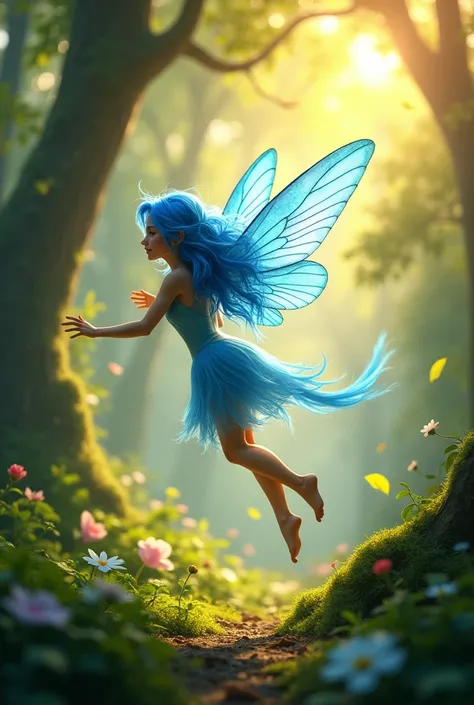 The sun&#39;s rays passed through the treetops, reflecting on the shining wings of a blue-haired fairy who flew happily among the branches. 