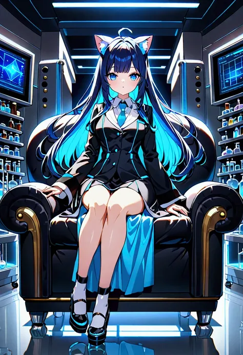 8k ultra high-quality, ultra-detailed, high quality, dark blue hair, neon blue inner layer hair, long hair, cat ears, sitting on...