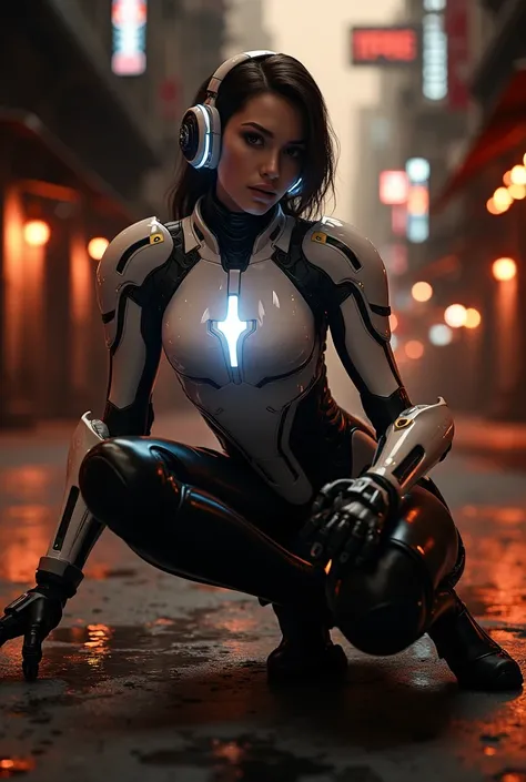 a woman in a futuristic suit with a glowing head and chest, cyberpunk art inspired by Marek Okon, cgsociety contest winner, digital art, gynoid cyborg body, girl in mecha cyber armor, cyber suit, cybersuit, in white futuristic armor, cybersuits, diverse cy...