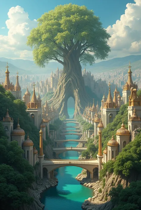 A square city, beautiful as elves, A very beautiful view from afar that represents the new Jerusalem, with the tree of life in the center that divides its trunk in two like a bridge and in the middle crosses the river of life