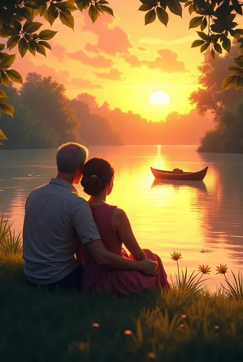 A man & woman , sitting on the river bank, Sunsets, the boat in river,