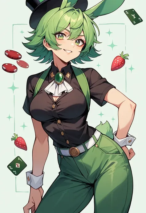 Solo female, Green messy  spiky medium hair, Green rabbit ears, Black top hat with apeacock feather n strawberry on the side and a clock on it, Black shirt, green light green striped vest, Burgundy trousers,dark green brooch, has poker cards in front of he...