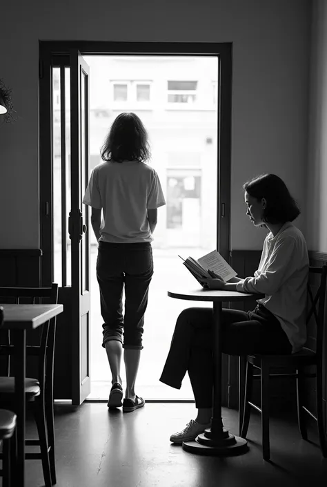 [.(4)..LS/TILT/Dolly looks at Amy who is walking in through the shop door.] When she ordered coffee, she saw White reading a book that she was interested in. She walked towards where White was sitting. Black and white photo.