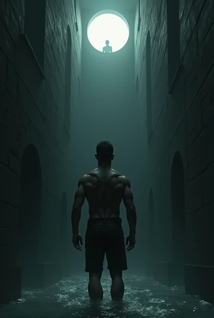 Generate the image of a young white man,Strong shirtless, he is trapped in a well-shaped prison, Deep,long,hits and darkens,
 He is standing looking up from the shore, where you see a small circular exit, it is also the silhouette of a man looking back, 