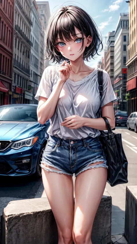 1girl, short black hair, blue eyes, wearing plain white shirt, denim shorts, city, absurdres, high res, ultrasharp, 8K, masterpiece, looking at viewer
