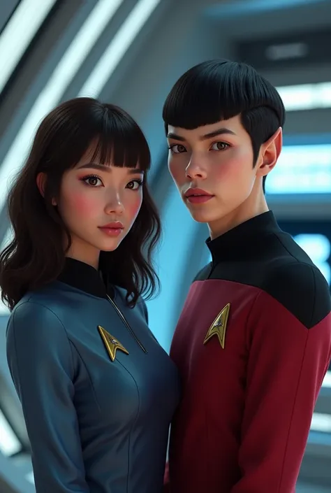  Dr Spock Dr Star trek next to a girl with dark brown wavy mid-length hair, with bangs, With dark brown almond-shaped eyes and a pinkish complexion , thin red lips and with the medical uniform.  the Star Trek 