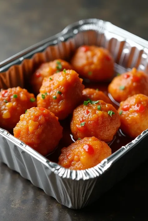 Chicken Manchurian 8 pieces in a aluminium foil container 
oily 