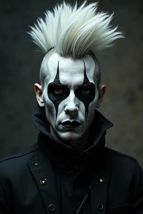 Man with Mohawk hairstyle with full face white paint + scary black Gothic makeup 