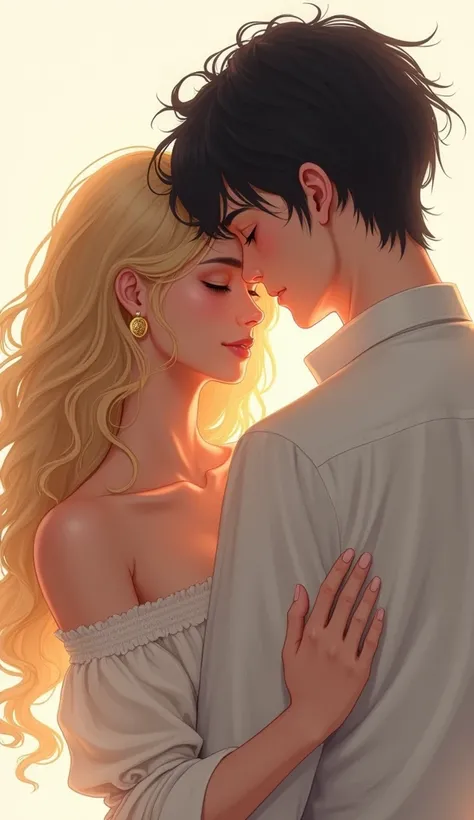 Yes, the features of this image are detailed below:.

 - A digital art-style pictorial image of two young people
 - A blonde woman and a dark-haired man are depicted cuddling together.
 - The womans hair is long and curly, creating a striking contrast betw...