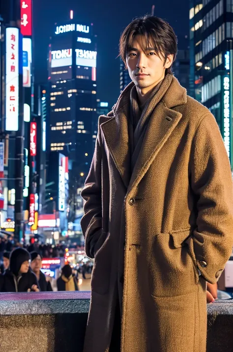 Photorealistic, 8K full-body poster, Handsome, Japanese, 2 male, Attractive look, Detailed facial details, Tokyo, Winters, Shibuya in the background