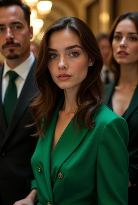 A young lady with dark brown hair and Emerald eyes standing near Tony Stark and Pepper Potts. Make her outfit green.