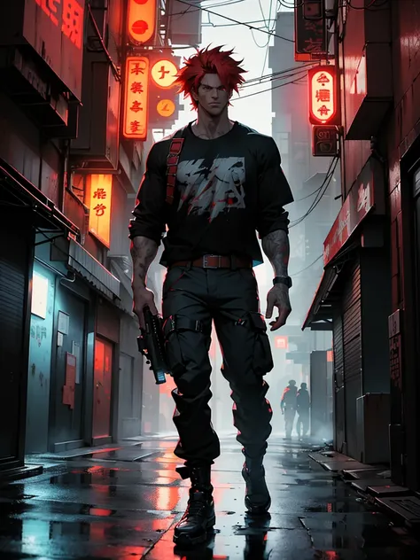 a tall muscular man with red messy hair and red eyes, wearing a tight t-shirt and cargo pants, standing on a dark tokyo street at night, gun on his belt, highly detailed, 8k, photorealistic, 1 guy, hyper detailed, cinematic lighting, gritty urban environme...