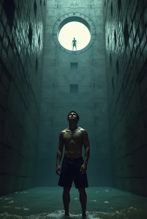 Generate the image of a young white man,Strong shirtless, he is trapped in a well-shaped prison,, straight is deep,long,hits and darkens,
 He is standing looking up from the shore, where you see a small circular exit, it is also the silhouette of a man loo...