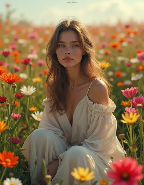 a woman sitting in a field of flowers, 3d octane render art style, portrait of girl in flower field, girl sitting in a flower field, sitting in a field of flowers, girl standing in flower field, girl in a flower field, girl frontal in a flower field, in a ...