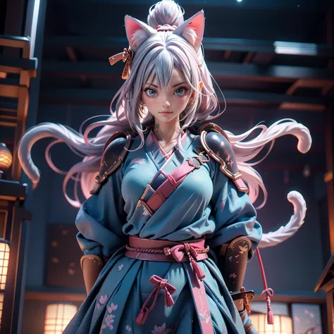 Moisturized Skin, (blue eyes), Realistic body, (Adult female body), Attractive breasts, Overlord color supremacy, Energetic, 3DCG, front, Pink lipstick, (Silver Hair), ((Cat ear)), Beautiful Hair, Long Hair, ponytail, (((Samurai Armor: 1.3))), ((masterpiec...