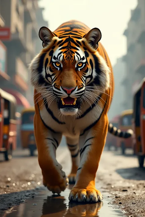 A tiger in delhi roads with realistic photo
