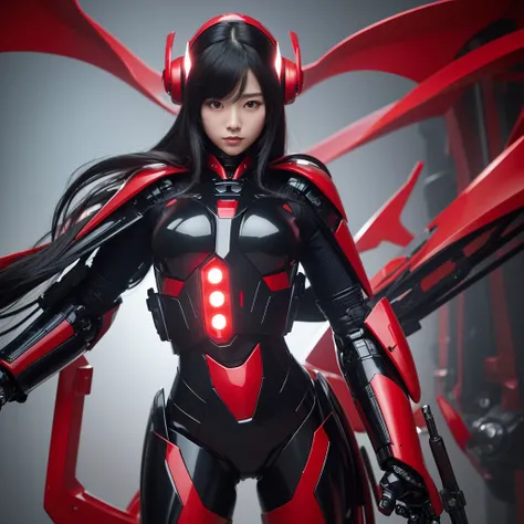 Highest quality，masterpiece，Ultra-high resolution, Very detailed, 8k，Beautiful 2 Japanese woman:1.5，Black Hair、 (Black and red robot suit, Plump, Slightly thicker)