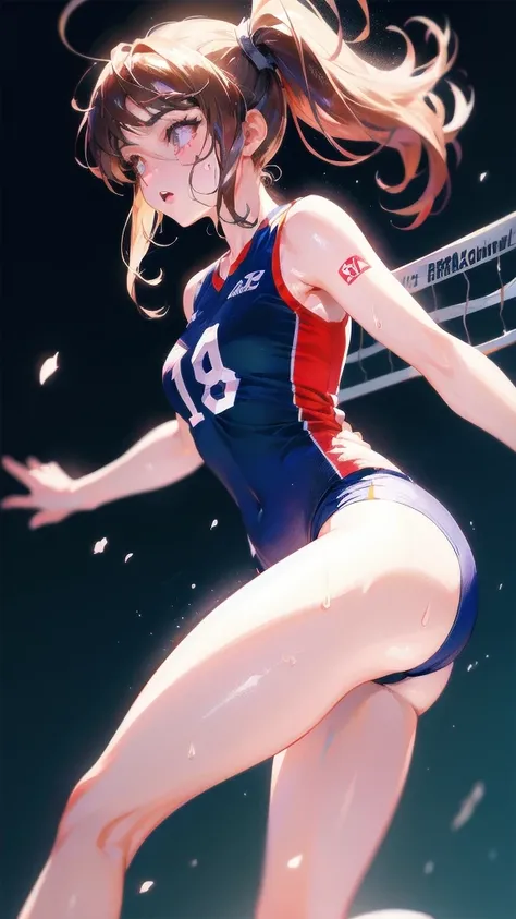 Highest quality, Tabletop,  High resolution, (Anime heroine illustration), Anime Paint, 1 Beautiful ,Dynamic Angle,Volleyball Player,uniform、Beautiful legs, Glowing Skin, Sweat,