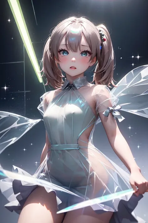 (Holographic Art:1.2)、masterpiece、Highest quality、whole body、One Girl (((Glass-like translucent and reflective dress))) 、Neon color background、Halation，Surreal、High resolution、detailed、Soft Focus、Delicate facial features、Perfect Eyes、Sharp pupils、Surprised...